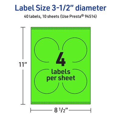 Avery Laser/Inkjet Multipurpose Circle Labels, 3.5" Dia., Neon Green, 40/Pack (94514)