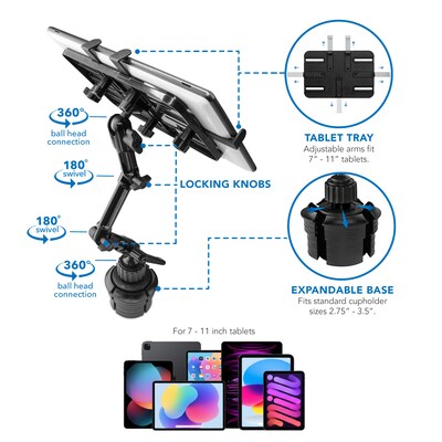 Mount-It! Tablet Car Cup Holder Mount for iPad 2/3/iPad Air/iPad Air 2 and 7" to 11" Tablets, Black (MI-7320)