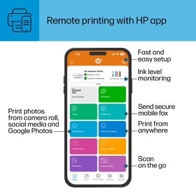 HP DeskJet 4255e Wireless All-in-One Color Inkjet Printer, Scanner, Copier, Best for Home, 3 Months of Ink Included (588S6A)