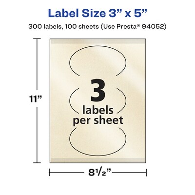 Avery Pearlized Ivory Oval Multipurpose Labels, 3" x 5", Ivory, 300/Box (94052)
