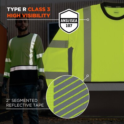 Ergodyne GloWear 8371BK High Visibility Long Sleeve Black Bottom T-Shirt, ANSI Type R Class 3, Lime, Large (22294)
