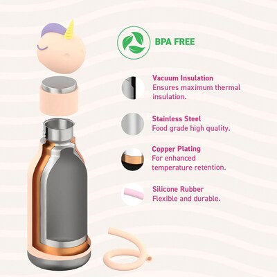 ASOBU Bestie Bottle Unicorn Vacuum Insulated Stainless Steel Water Bottle with Reusable Flexi Straw, 16 oz., Pink (SBV44UN)