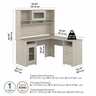 Bush Furniture Cabot 60"W L Shaped Computer Desk with Hutch and Storage, Linen White Oak (CAB001LW)