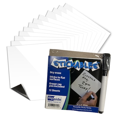 Flipside Products Dry Erase Stickables with Dry Erase Marker, White, 4 x 4, 12 Per Pack, 2 Packs (FLP93344)