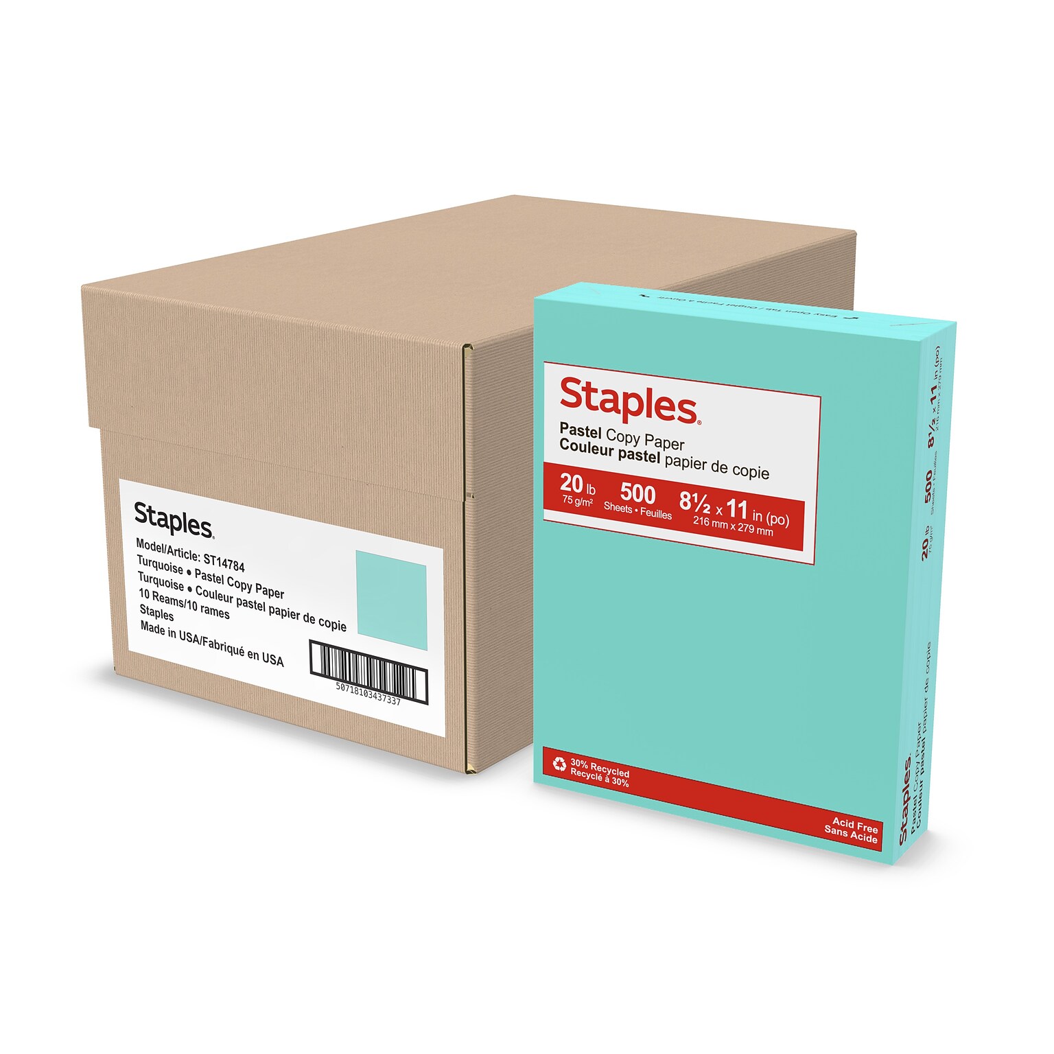 Staples Pastel 30% Recycled Color Copy Paper, 20 lbs., 8.5 x 11, Turquoise, 500 Sheets/Ream, 10 Reams/Carton (4141)