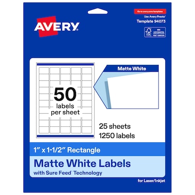 Avery Rectangle Laser/Inkjet Multipurpose Labels, White, 50 Labels/Sheet, 25 Sheets/Pack (19479311271)