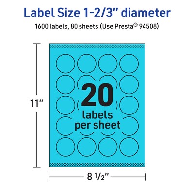 Avery Printable Circle Multipurpose Labels, 1-2/3" Dia., Bright Blue, 1600/Box (94508)