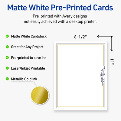 Avery Gold & Navy Border with Florals Matte Blank Card, White, 10/Pack (S00-DPJ)