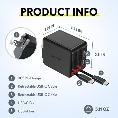 Overtime D36 4-in-1 USB-A/USB-C Wall Charger with USB-C/Lightning Cable, Black (OCAH36CCBK)