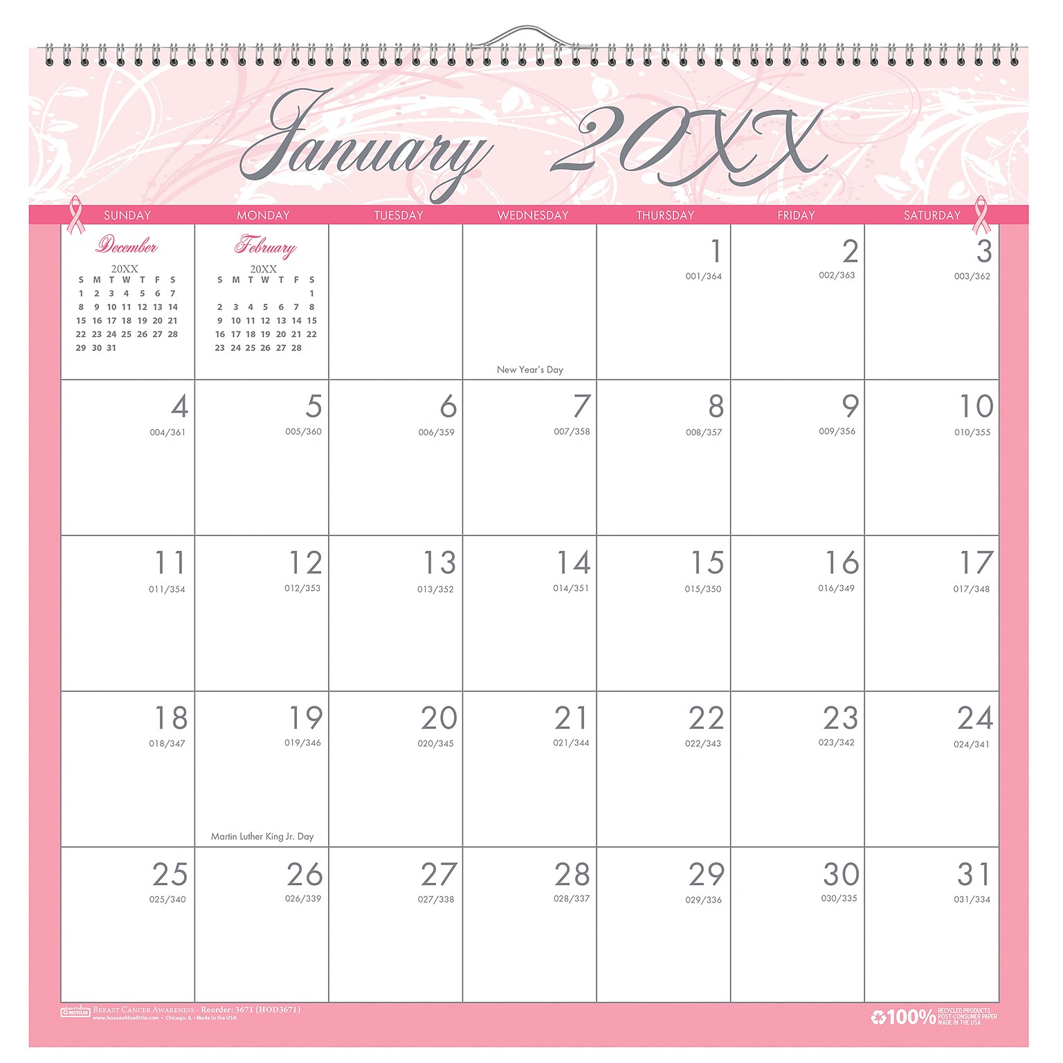 2026 House of Doolittle Breast Cancer Awareness 12 x 12 Monthly Wall Calendar, Pink (3671-26)