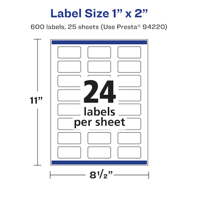 Avery Laser/Inkjet Waterproof Rectangle Multipurpose Labels, 1" x 2", White, 600 Labels/Pack (94220)