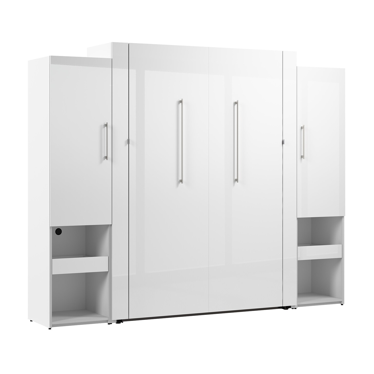 Bestar Avalon Queen Murphy Bed and Storage Cabinets with Pull-Out Shelf (107W) - High-Gloss White