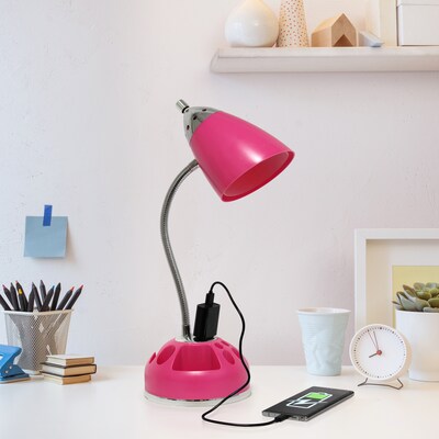 Creekwood Home Sleek Essentials 19.5" Basic Swivel Desk Lamp with Charging Outlet and Storage, Pink (CWD-1003-PN)