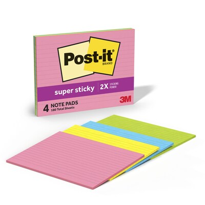 Post-it Super Sticky Notes, 8 x 6, Neon Fizz Collection, Lined, 45 Sheet/Pad, 4 Pads/Pack (6845-SSPL)