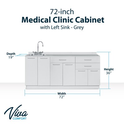 Viva Comfort 36'' H x 72" W Medical Cabinet with Left Sink and 24" W Right Side Desk, 6 Doors, 3 Drawers (90272-LS-GRY-AO)