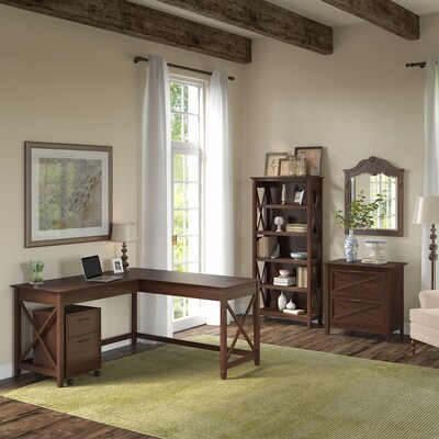 Bush Furniture Key West 60W L Shaped Desk with File Cabinets and 5 Shelf Bookcase, Bing Cherry (KWS