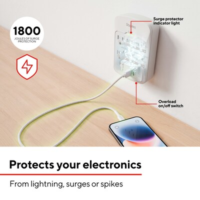 Staples TECH 6-Outlet 2-USB Port Surge Protector, 1800 Joules, White (ST62764)