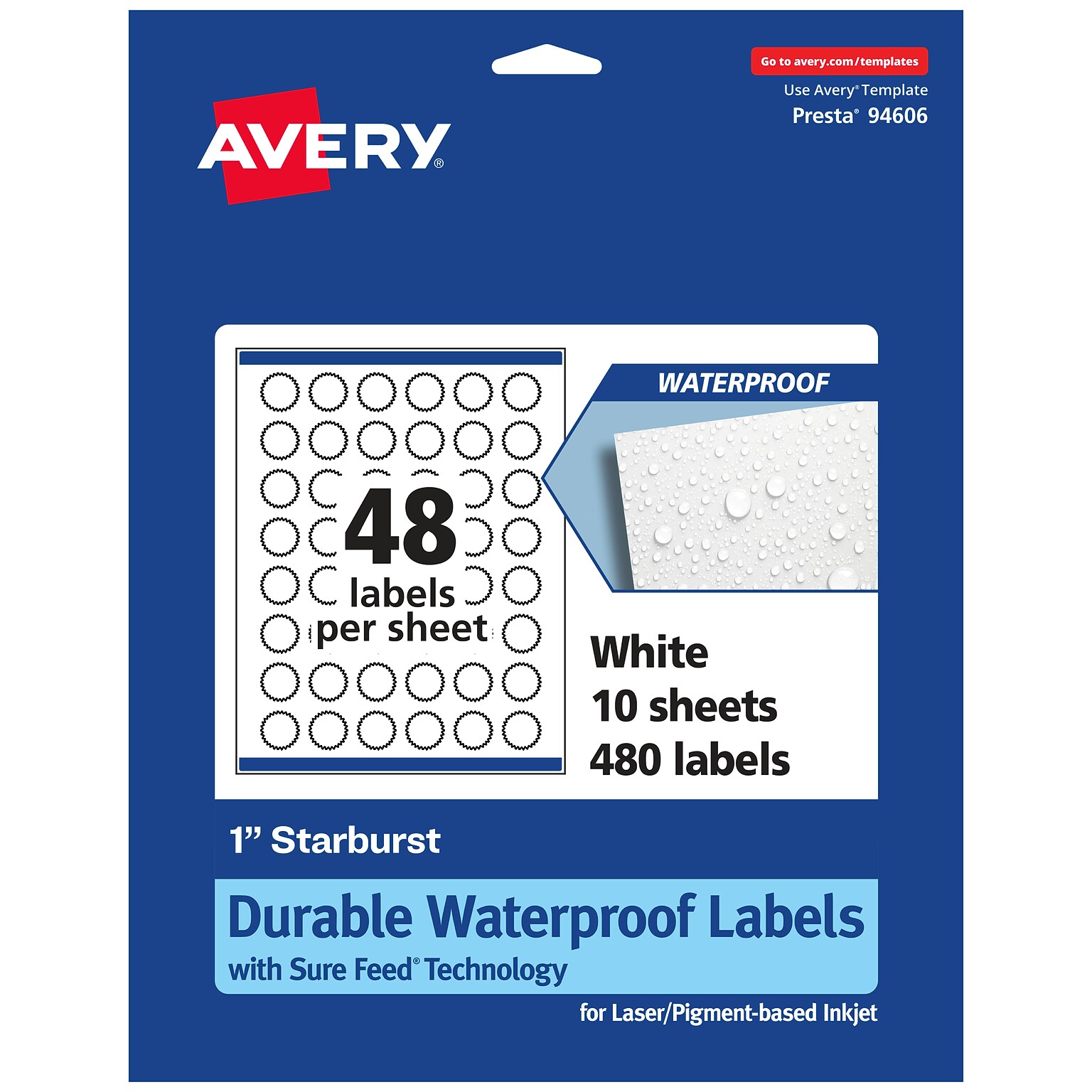 Avery Laser/Inkjet Starburst Waterproof Multipurpose Labels, 1  Dia, White, 480/Pack (94606)