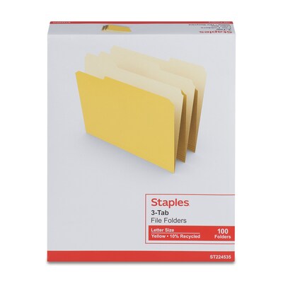 Staples File Folders, 1/3-Cut Tab, Letter Size, Yellow, 100/Box (ST224535-CC)