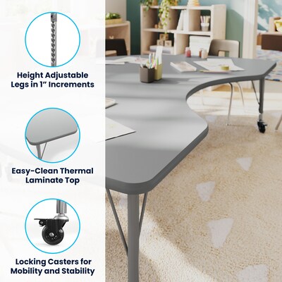 Flash Furniture Wren Kidney Activity Table, 72" x 48", Height Adjustable, Gray Top/Silver Frame (XUA4872KDGYTPC)