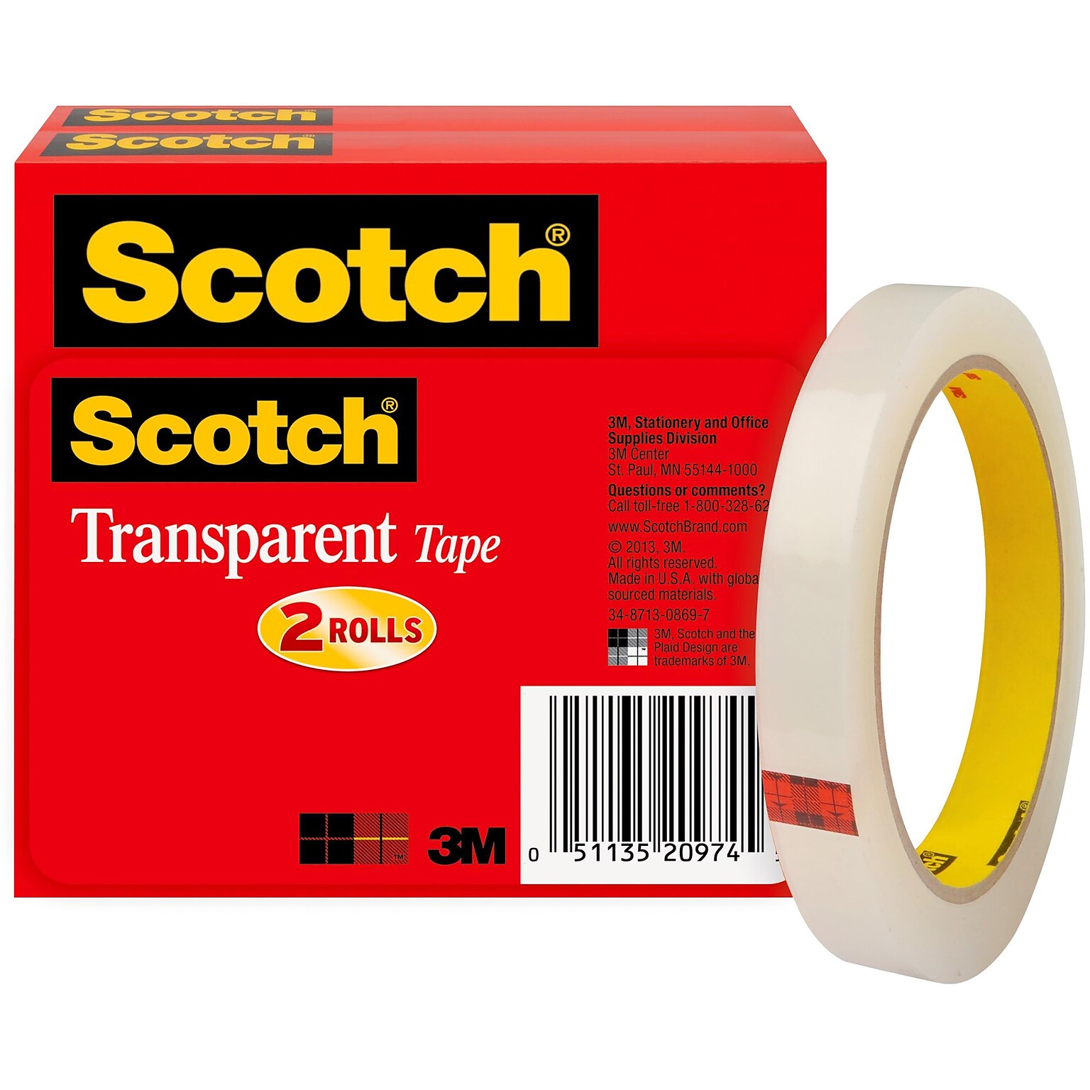 Scotch Transparent Clear Tape Refill, 0.5 x 72 yds., 3 Core, Clear, 2 Rolls/Pack (600-2P12-72)