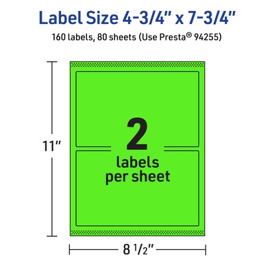 Avery Laser/Inkjet Multipurpose Rectangle Labels, 4.75" x 7.75", Neon Green, 160/Box (94255)