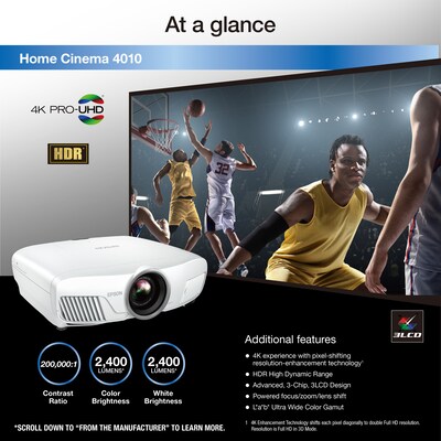 Epson Home Cinema 4010 4K PRO-UHD 3-Chip HDR Projector, White
