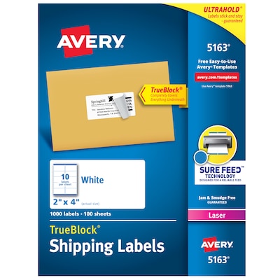 Avery TrueBlock Laser Shipping Labels, 2 x 4, White, 10 Labels/Sheet, 100 Sheets/Box (5163)