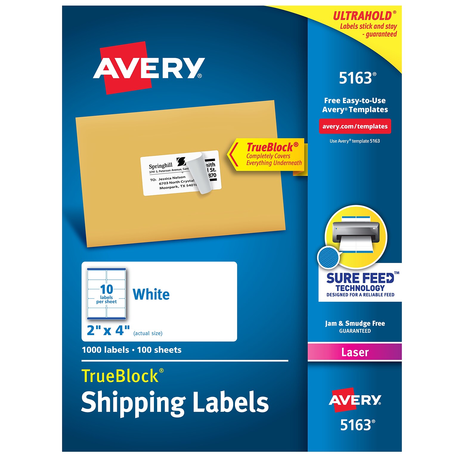 Avery TrueBlock Laser Shipping Labels, 2 x 4, White, 10 Labels/Sheet, 100 Sheets/Box (5163)