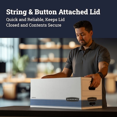 Bankers Box Stor/File Medium-Duty FastFold File Storage Boxes, String & Button, Legal Size, White/Blue, 12/Carton (00705)