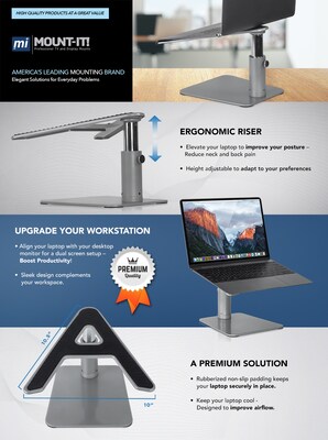 Mount-It! 2" x 10" Adjustable Height Laptop Riser for 11"-15" Laptops, Silver (MI-7271)