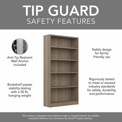 Bush Furniture Universal 72"H 5-Shelf Bookcase with Adjustable Shelves, Ash Gray Laminated Wood (WL12427)