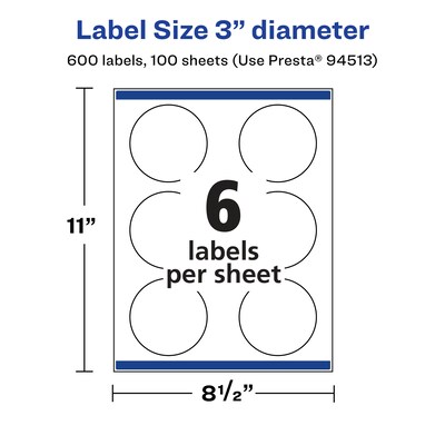 Avery Laser/Inkjet Round Multipurpose Labels, Clear, 6 Labels/Sheet, 100 Sheets/Pack (94513-CGF100)