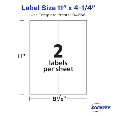 Avery Laser/Inkjet Multipurpose Rectangle Labels, 11" x 4.25", White, 500 Labels/Box (94266)