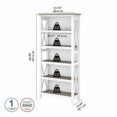 Bush Furniture Key West 5-Shelf 66"H Bookcase, Shiplap Gray/Pure White (KWB132G2W-03)