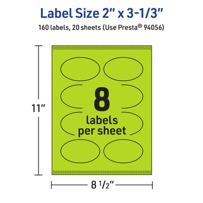 Avery Laser/Inkjet Multipurpose Oval Labels, 2" x 3-1/3", Bright Green, 160/Pack (94056)