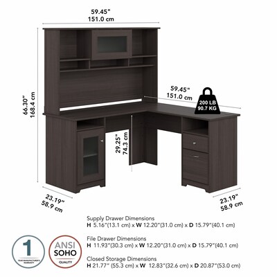 Bush Furniture Cabot 60"W L Shaped Computer Desk with Hutch and Storage, Heather Gray (CAB001HRG)