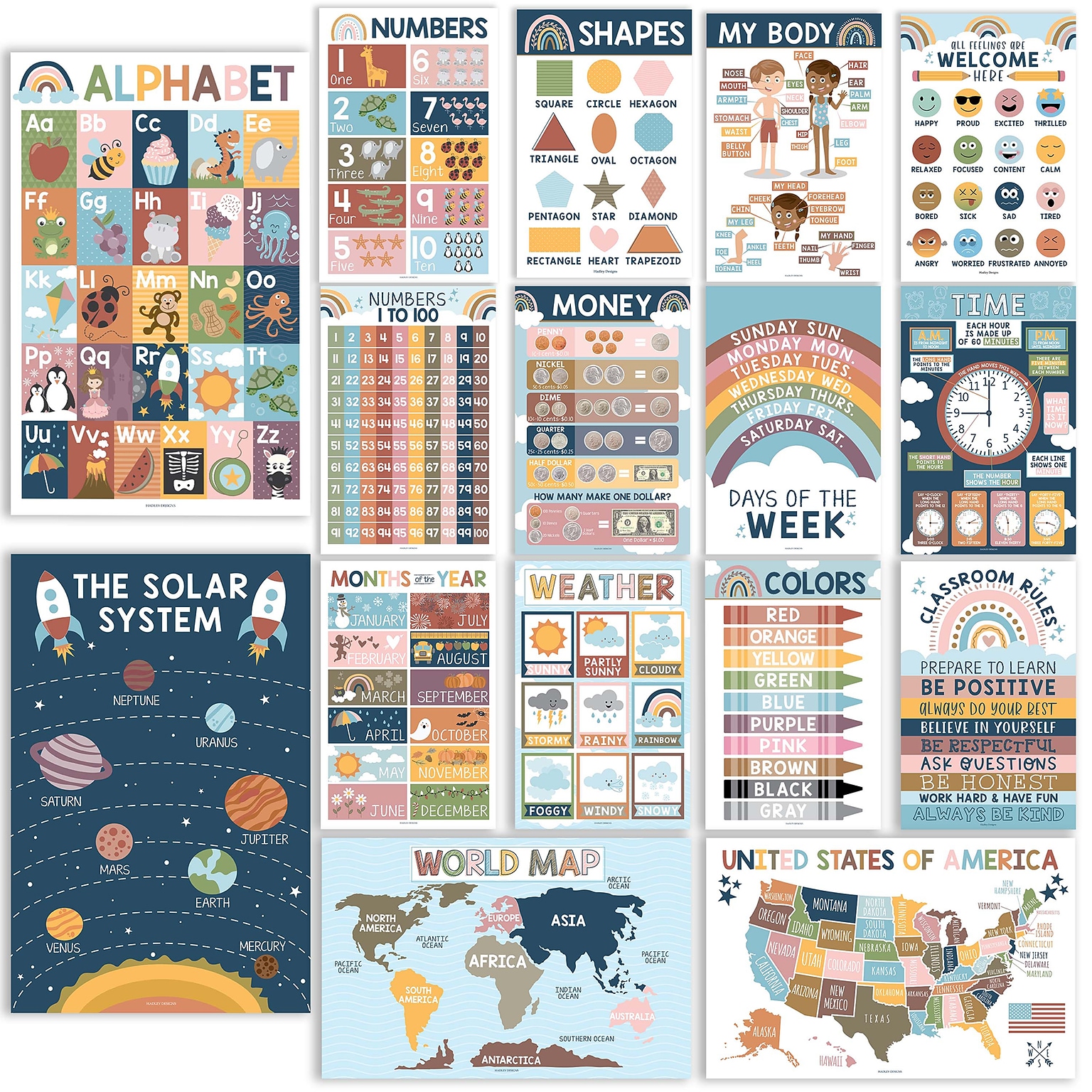 Hadley Designs 17 x 11 Boho Preschool Educational Posters For Toddlers, Laminated, 16/Set (HDDX004ACJZND)