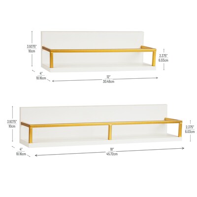 Mind Reader 2 Metal Floating Shelves, 4" x 4" x 18", White/Gold (MDG2SH-WHT)