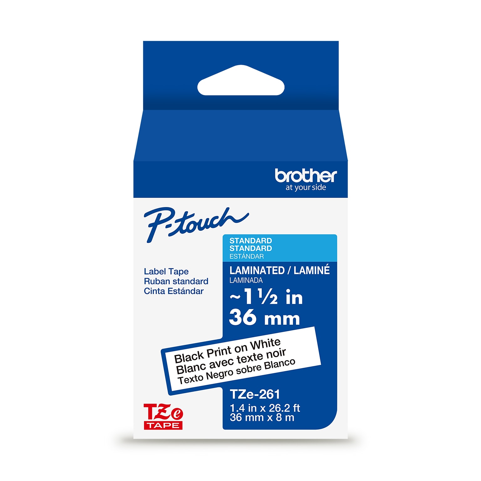 Brother P-touch Laminated Label Tape, ~1-1/2 x 26.2, Black on White (TZe261)