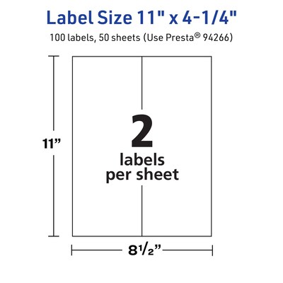 Avery TrueBlock Laser/Inkjet Rectangle Multipurpose Labels, 11" x 4.25", White, 100/Box (94266)