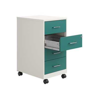 Space Solutions 18" 4-Drawer Metal Mobile Organizer, Locking, Pearl White/Teal (25948)