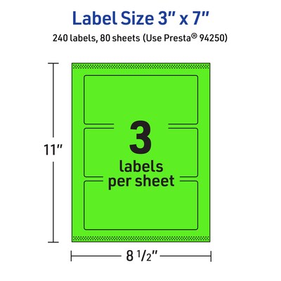 Avery Laser/Inkjet Multipurpose Rectangle Labels, 3" x 7", Neon Green, 240/Box (94250)