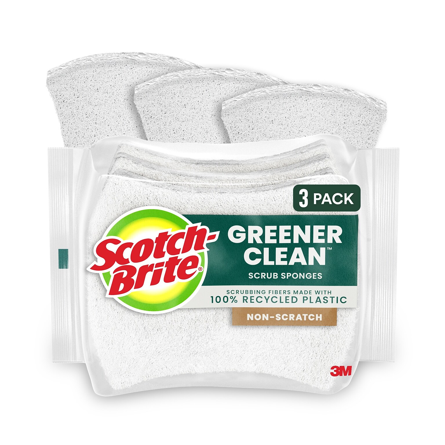 Scotch-Brite Greener Clean Non-Scratch Heavy Duty Sponge with Scrubber, Natural, 3 Sponges/Pack (97033)