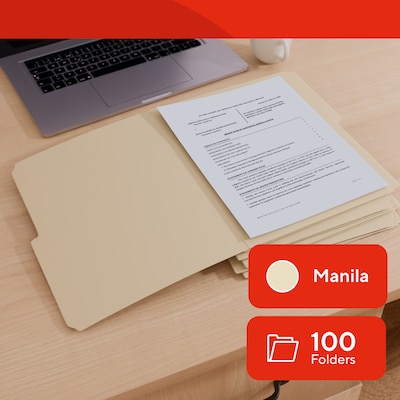 Staples Manila File Folders, Letter Size, 2-Tab Assorted Positions, Durable Paper Stock, 100/Box