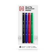 TRU RED™ Pen Permanent Markers, Twin Tip, Assorted, 4/Pack (TR57828)