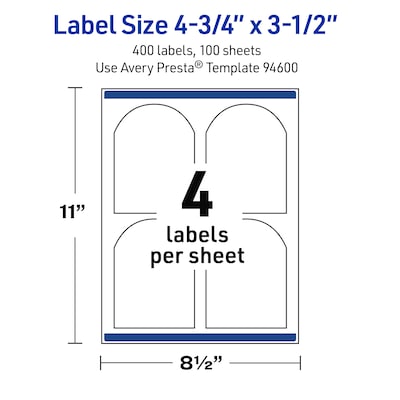 Avery Arched Laser Multipurpose Labels, 4.75" x 3.5", White, 400/Box (19479399151)