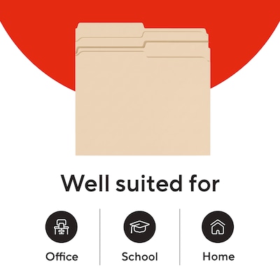 Staples Manila File Folders, Letter Size, 2-Tab Assorted Positions, Durable Paper Stock, 100/Box