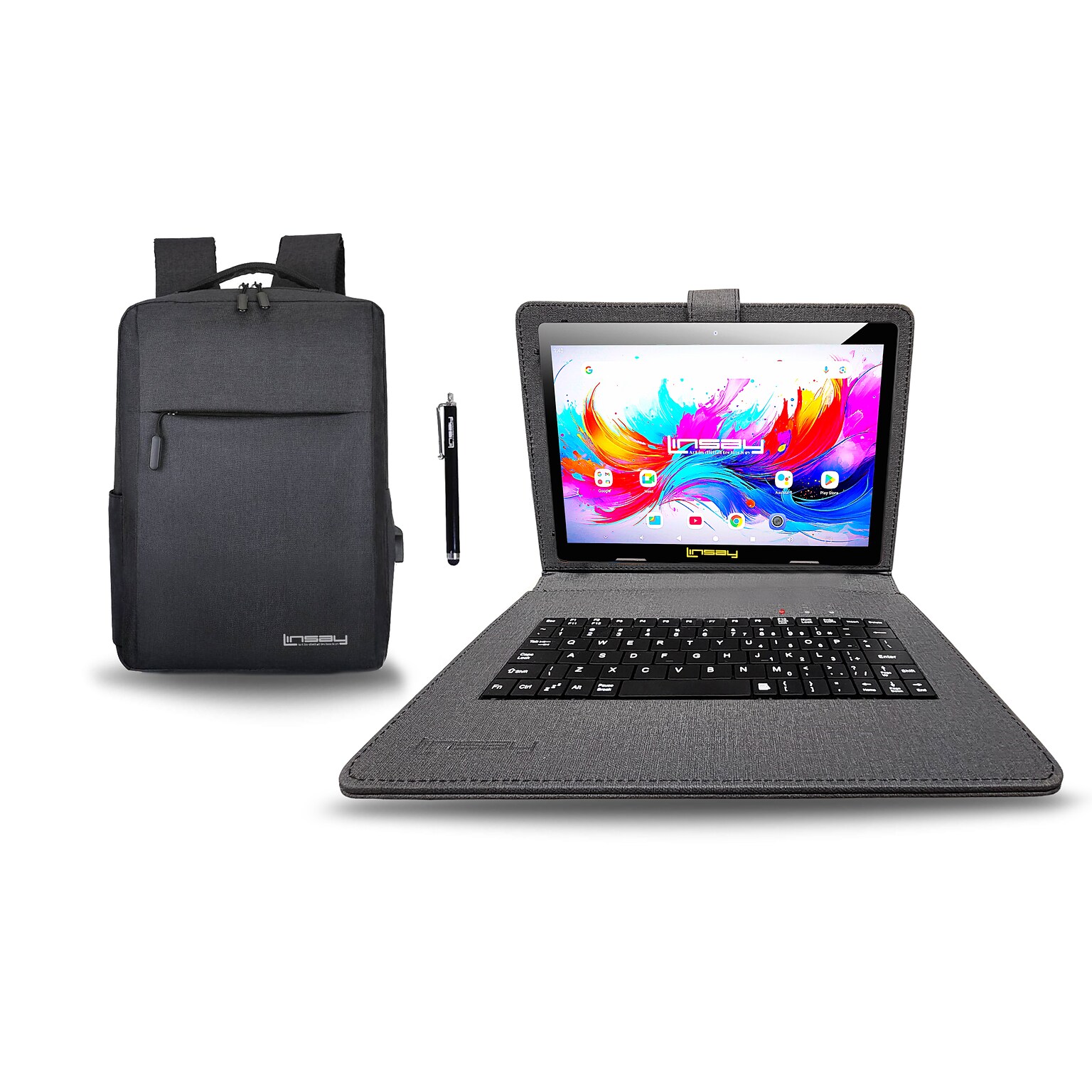 Linsay F10 Series 10.1 Tablet, Wi-Fi, Octa Core, 256GB eMMC, Android 15, with Black Cloth Keyboard Case, Backpack, & Stylus Pen