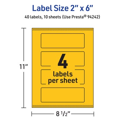 Avery Laser/Inkjet Rectangle Multipurpose Labels, 2" x 6", Bright Yellow, 40/Pack (94242)
